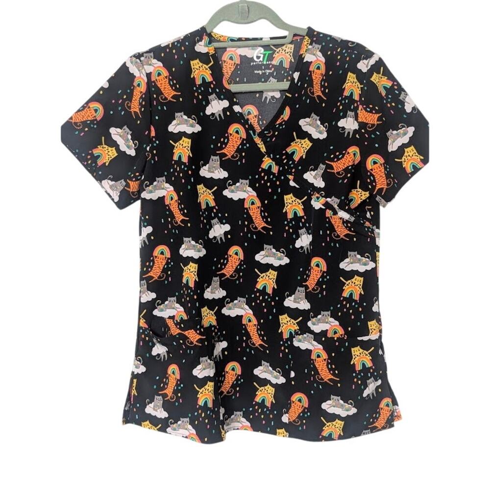 Black Cats Rainbows Scrub Top V-Neck Small GT Performance 2 Pocket Uniform S
